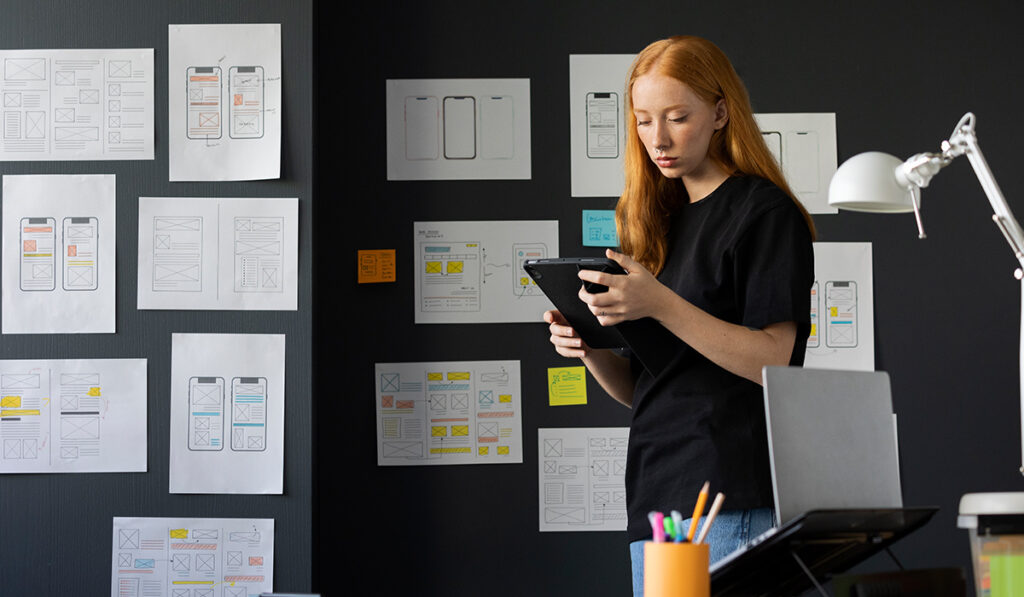 Young girl in office in front of the project board