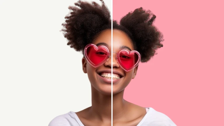 top 10 AI small business marketing - girl with grasses with 2 different backgrounds 